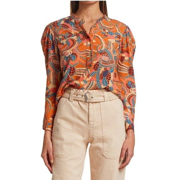 NEW! A.L.C. Marci Top Blouse Floral Puff Long Sleeve Clay Combo Orange SZ 8 - Picture 9 of 16